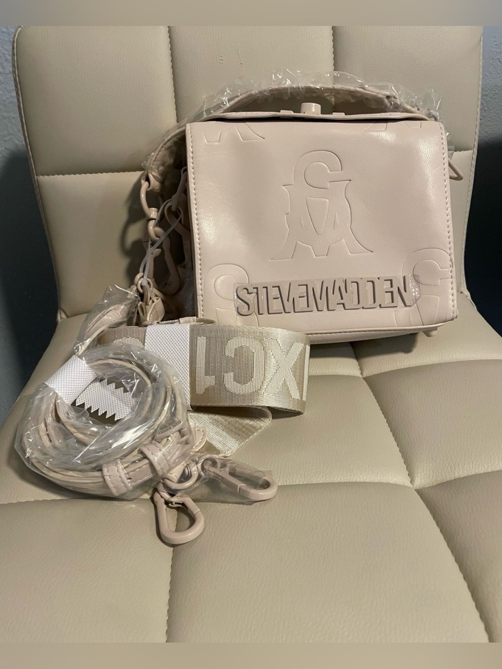 Steve Madden Cream Embossed Logo Satchel